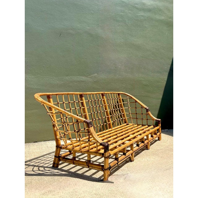 Wood Vintage Woven Grid Rattan High Back Sofa For Sale - Image 7 of 13