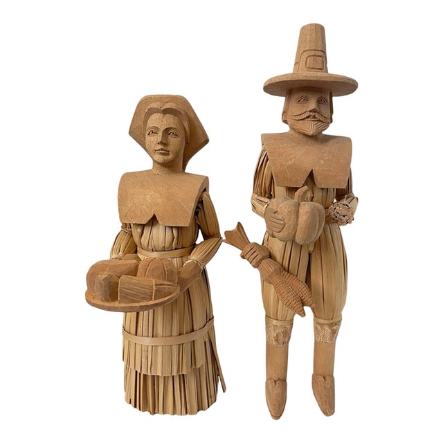 Vintage Thanksgiving Pilgrims Set of 2 Carved Corn Husk Figures 13 & 16" Tall Folk Art For Sale