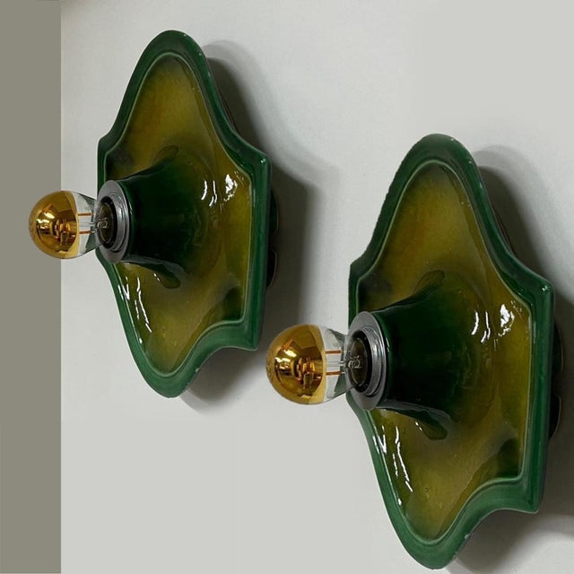 Bell-Shaped Green Ceramic Wall Lights attributed to Hustadt Keramik, Germany, 1970s For Sale - Image 4 of 12