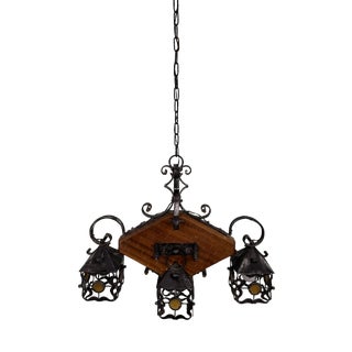 Vintage Brutalist 3-Light Lantern in Wood and Wrought Iron, 1970s For Sale