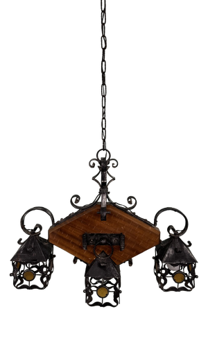 Vintage Brutalist 3-Light Lantern in Wood and Wrought Iron, 1970s