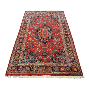 Mashad Rug 6’6” X 9’11” Red Wool Vintage Traditional Hand-Knotted Carpet