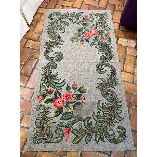 1950s Signed Hand-Hooked Folk Art Wall Hanging Colorful Floral Design, Usa For Sale - Image 9 of 18