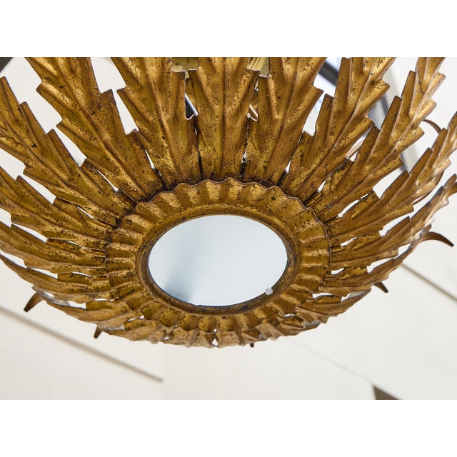 1950s Spanish Gilt Metal Leaf Light Fixture with Frosted Glass For Sale - Image 10 of 11