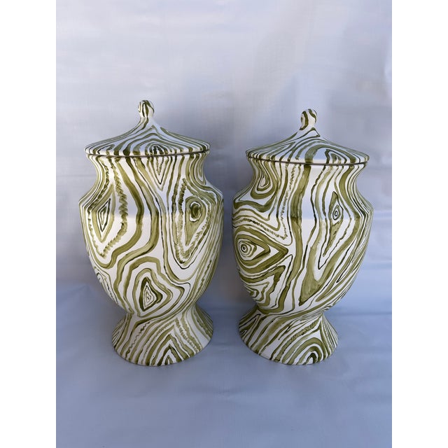 2020s Hand Painted Faux Boix Jars a Pair For Sale - Image 5 of 10