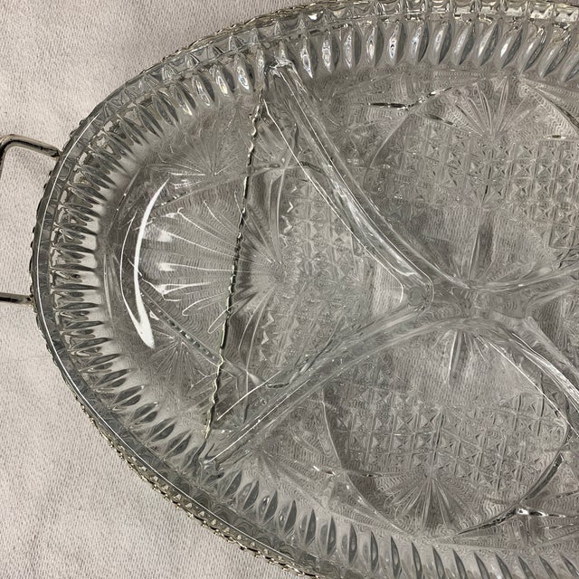 Queen Anne Vintage 4-Section Cut Glass Relish Dish With Silver-Plated Carrier Frame For Sale - Image 3 of 4