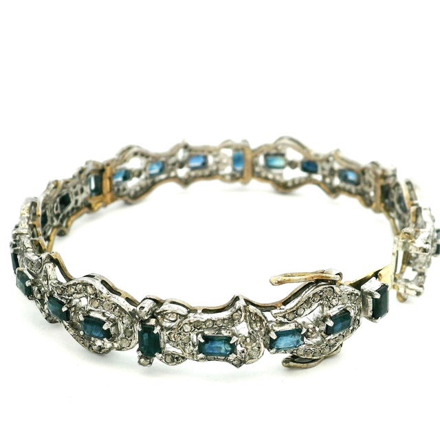 1950s Vintage Indian Sapphire and Diamond Bracelet Set, Silver and 14k Gold, Circa 1950, 2 Pieces For Sale - Image 5 of 9
