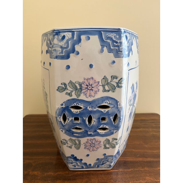 Blue Vintage Hexagonal Chinoiserie Porcelain Garden Stool or Side Table For Sale - Image 8 of 9