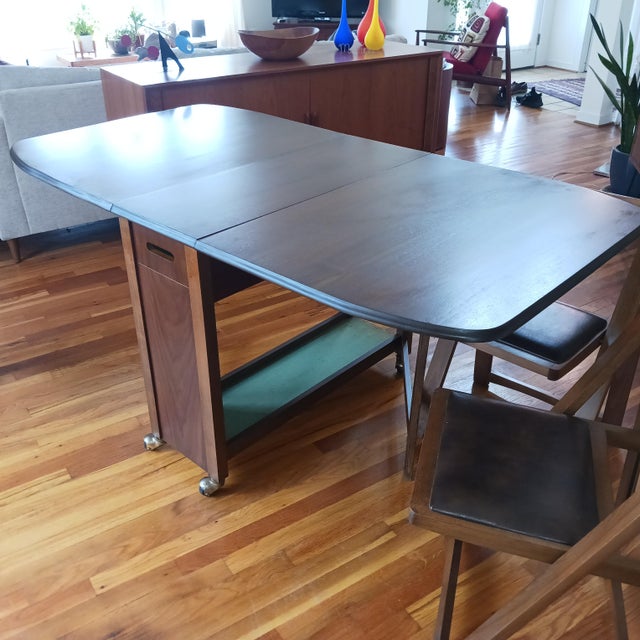 Vintage MidCentury Modern 1989 Romanian Drop Leaf Table With 4 Chairs Store Under Table Set