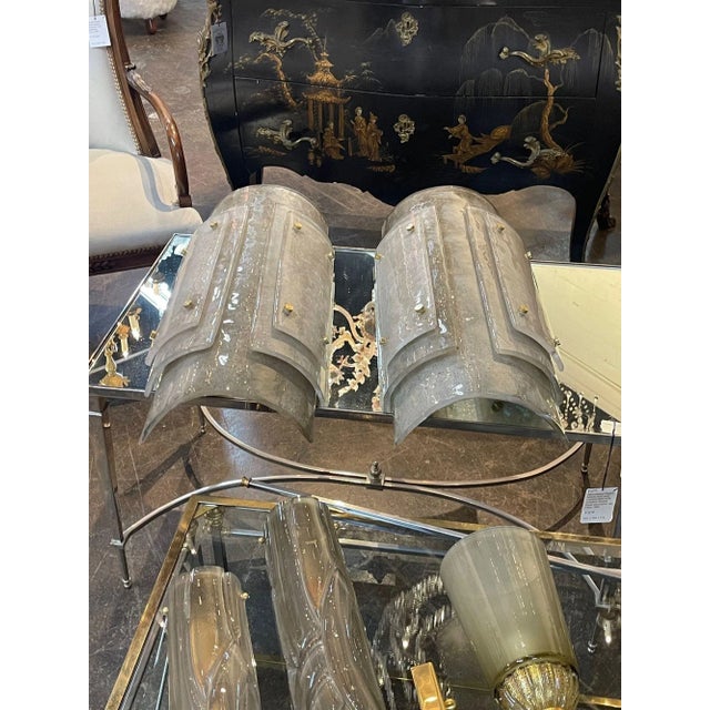 Glass Pair of Modern Murano Large Scale Layered Smoke Glass Sconces For Sale - Image 7 of 8