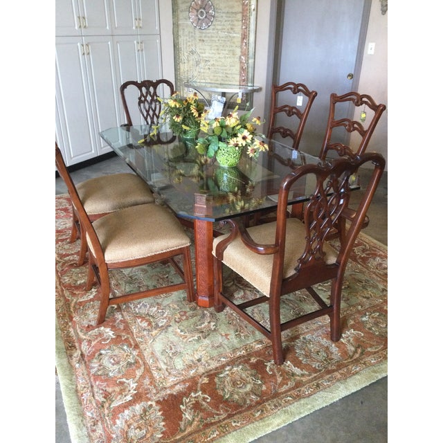 Wood Vintage Century Furniture Chinese Chippendale Style Fretwork Dining Table With Beveled Glass Top. For Sale - Image 7 of 11
