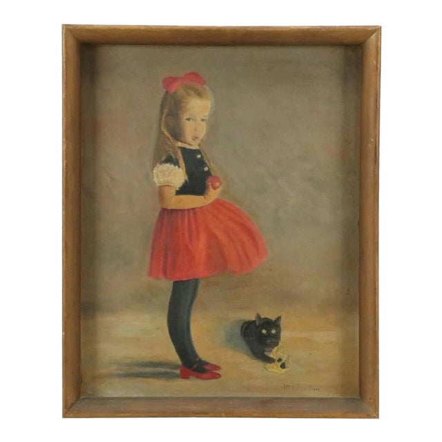 C. L. Malcolm (American 20th C.) 1940's Oil Painting of Young Girl and a Favorite Cat For Sale