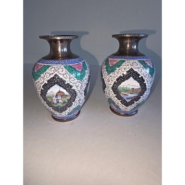 Metal Pair of Persian SilvervAnd Enamel Vases For Sale - Image 7 of 10