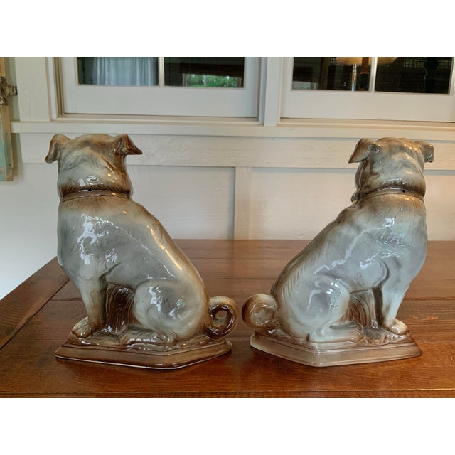 19th Century Antique Pair of Bo’Ness Pug Dog Figurines - Staffordshire Style Scottish Pottery With Glass Eyes & Gilt Collars - 12” Tall For Sale - Image 9 of 10