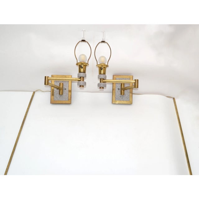 Hansen Style Lamps Retractable Brass & Stone Sconces Wall Lights Pair For Sale - Image 12 of 13