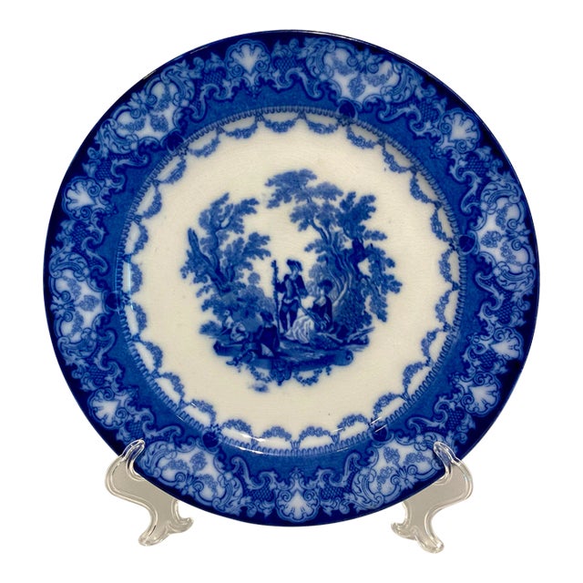 Antique Flow Blue Dinner Plate in the Watteau Pattern by Doulton Burslem For Sale