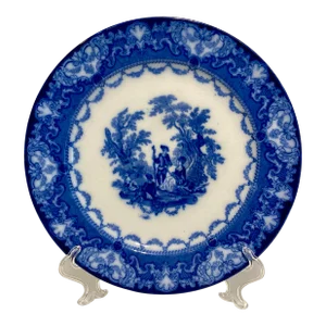Antique Flow Blue Dinner Plate in the Watteau Pattern by Doulton Burslem