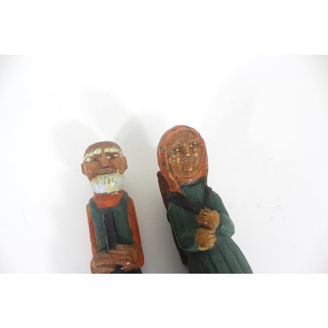 Vintage Hand Carved Painted Wood Man and Woman Folk Art Couple Figurines Carving, Shelf Decor For Sale - Image 11 of 12