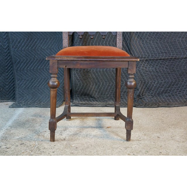 6 Antique Renaissance Revival Carved Walnut High Back Velvet Dining Chairs For Sale - Image 6 of 18