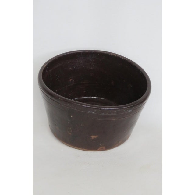 Ceramic 1899 Handmade Pottery Dish Dark Brown Glaze Salt Crock Bowl With Lip For Sale - Image 7 of 12