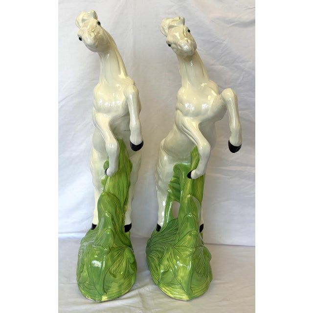 Mid Century Vintage Cast Ceramic Rearing White Mustangs With Glass Eyes- A Pair For Sale - Image 10 of 18