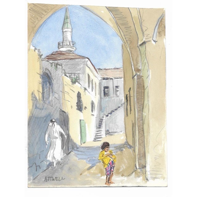 Watercolor on paper by English artist Ivy Attwell (1895-1985) Acre, Israel. Attwell traveled extensively all over the...