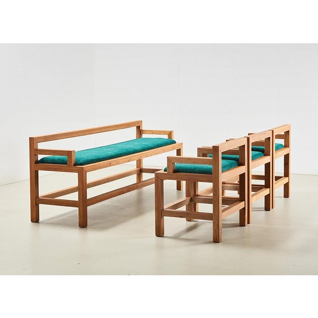 Architectural set of 3 dining chairs + bench, designed by a Dutch architect for his own home in the 1980s and manufactured...