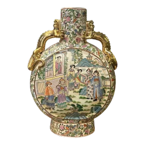 Chinese Oriental Porcelain People Scenery Flat Round Shape Vase