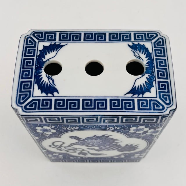 Vintage Chinoiserie Blue and White Porcelain Foo Dog Flower Frog For Sale - Image 4 of 11