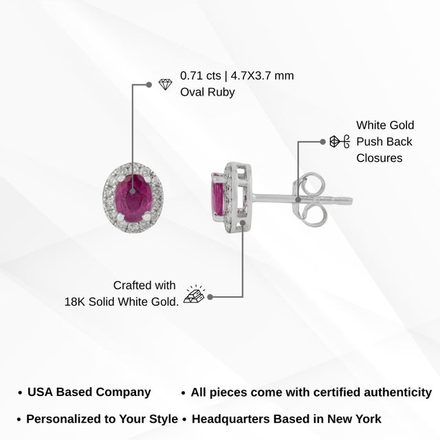 18k White Gold Natural Oval-Cut Vivid Red Ruby & Diamond Halo Stud Earrings- A Pair For Sale - Image 12 of 15
