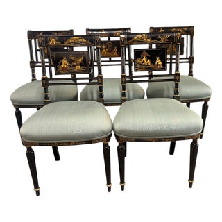 Vintage Maitland-Smith Regency Style Chinoiserie Ebonized Dining Chairs - Set of 5 For Sale