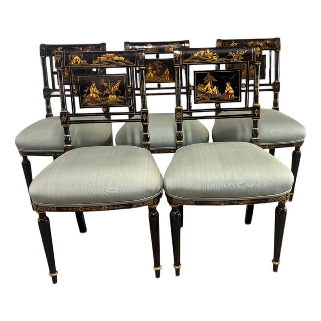 Vintage Maitland-Smith Regency Style Chinoiserie Ebonized Dining Chairs - Set of 5 For Sale