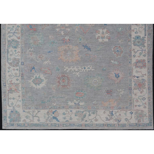 All Over Modern Floral Oushak With a Light Blue-Gray Field and Border With Color For Sale In Atlanta - Image 6 of 12