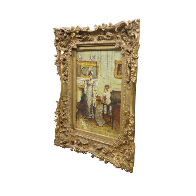 This oil-on-canvas genre painting is an expressive reproduction executed after The Keepsake (1892), a celebrated drawing-...