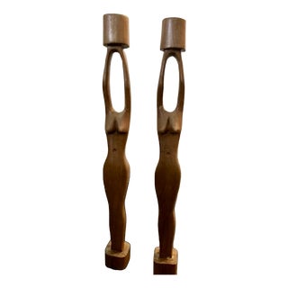 Mid-Century Modern Sculptural Wooden Female Candleholders, 1970s, Set of 2 For Sale