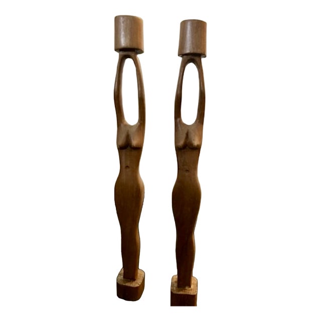 Mid-Century Modern Sculptural Wooden Female Candleholders, 1970s, Set of 2 For Sale
