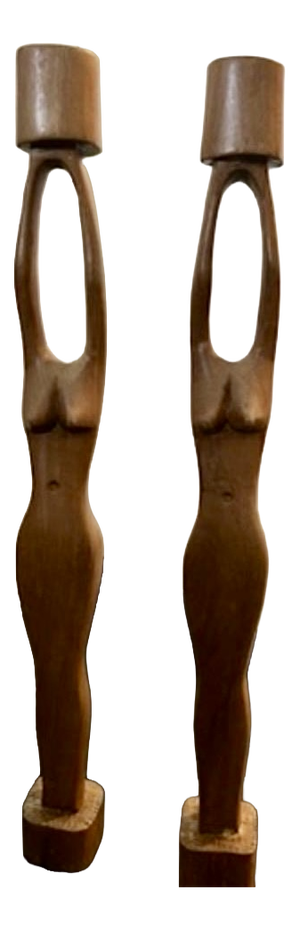 Mid-Century Modern Sculptural Wooden Female Candleholders, 1970s, Set of 2