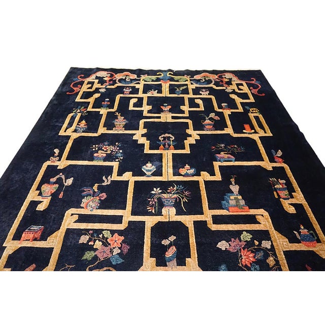 Special Shelf With Details of Chinese Culture in a Black Fiedl Antique Art Deco Rug For Sale - Image 10 of 12