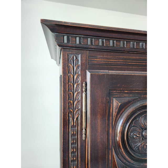 Renaissance Antique Hand-Carved Renaissance Revival 3-Door Armoire/Cabinet in Dark Oak For Sale - Image 3 of 6