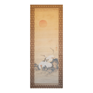 Meiji Era "Cranes and the Sun", Japanese Silk Scroll Painting