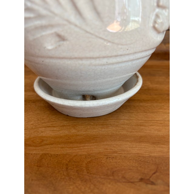 French Country Vintage Crackle Glaze Ceramic Planter With Attached Saucer, French Country Style For Sale - Image 3 of 11