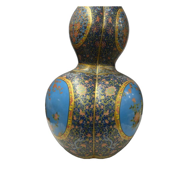 Oriental Purple Blue Gourd Shape Floral Graphic Porcelain Art Vase For Sale - Image 17 of 18