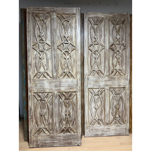 Midcentury Carved Entry Doors in Distressed Wood Architectural Statement Panels 80x30 For Sale - Image 11 of 14