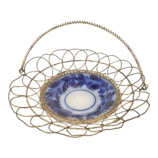 Antique German Wirework Basket With a Flow Blue and White Porcelain Dish. For Sale