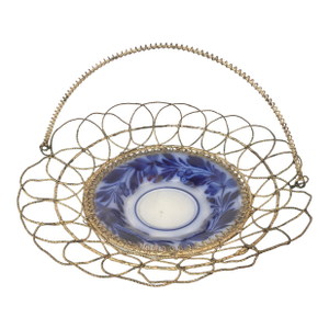 Antique German Wirework Basket With a Flow Blue and White Porcelain Dish.