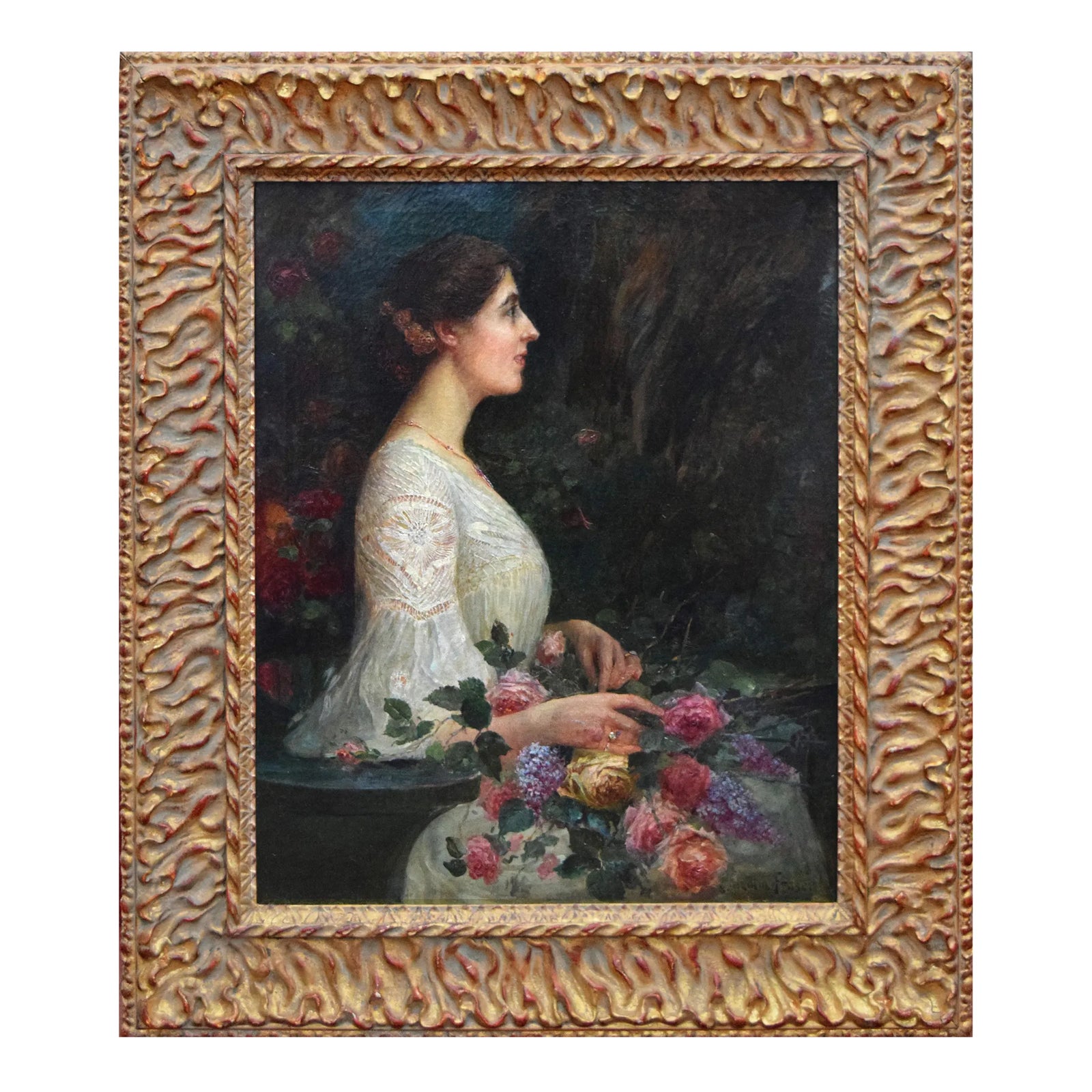 Exceptional Large Antique Portrait Painting of a Woman With Flowers by ...