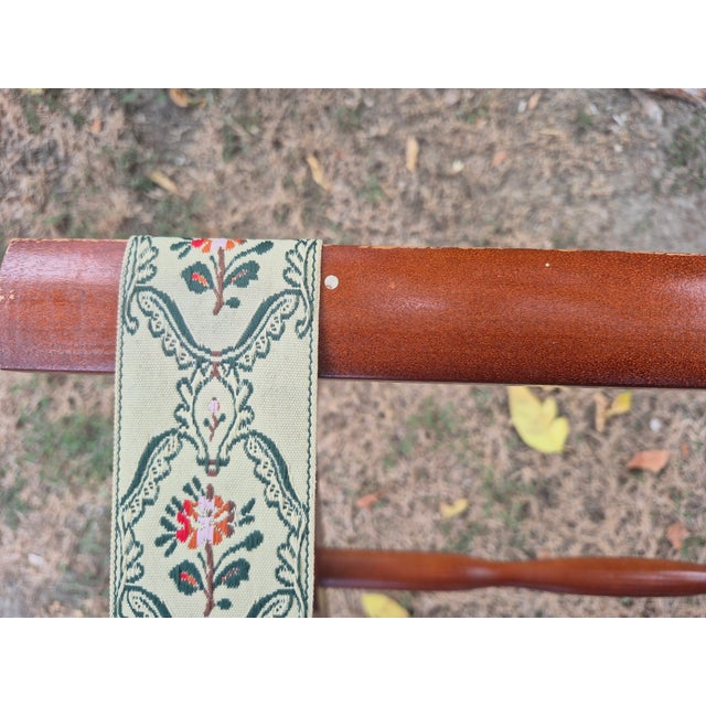 Vintage Scheibe Wooden Folding Luggage Racks With Floral Tapestry Straps - Pair For Sale - Image 4 of 11