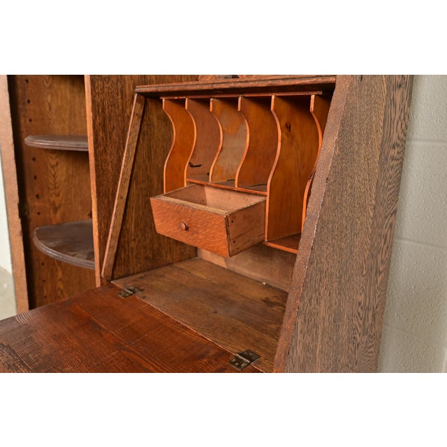 Wood Antique Victorian Carved Tiger Oak Side-by-Side Bookcase With Drop Front Secretary Desk, Circa 1900 For Sale - Image 7 of 15