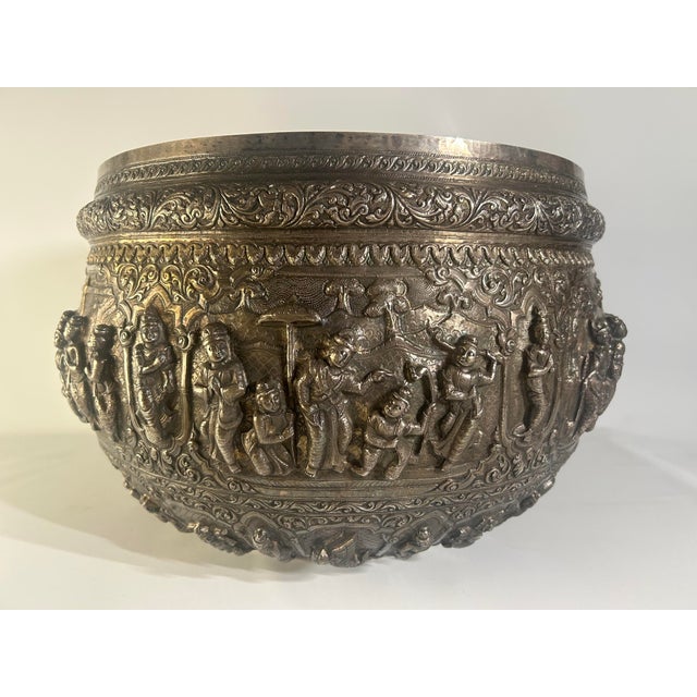 Late 19th C. Massive Silver Figurative Bowl With Vessantara Jataka Scenes, Burma - 1 Piece For Sale - Image 4 of 10