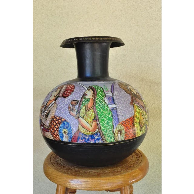 Black Large Brass Pitcher With Hand Painted Figures For Sale - Image 8 of 13